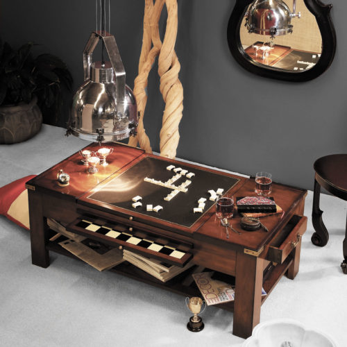 Rectangular game table in antique French finish with distressed black accents. Game table has 3 pull-out interchangeable panels: chess checkers backgammon dice faux leather and wood