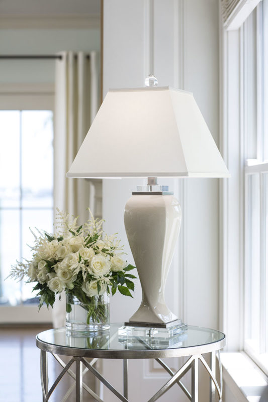 table lamps; Ivory crackled ceramic lamp with crystal accents, polished nickel trim and square hardback fabric shade