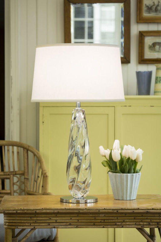 Venetian lamps | pale green room decor with hand-blown clear Venetian glass table lamp; decorating ideas; Murano glass lamps