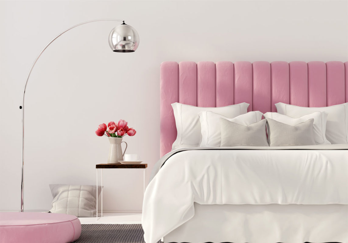 Modern bedroom design with pink accents and awesome floor lamp; modern bedroom ideas