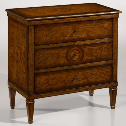 Hand-crafted Neoclassic style inlaid chest. Neoclassic chest features olive burl veneer inlaid with walnut, maple and rosewood. This inlaid chest has three drawers, heavily antiqued silver trim and antique brass hardware. This inlaid chest is hand-made in Italy