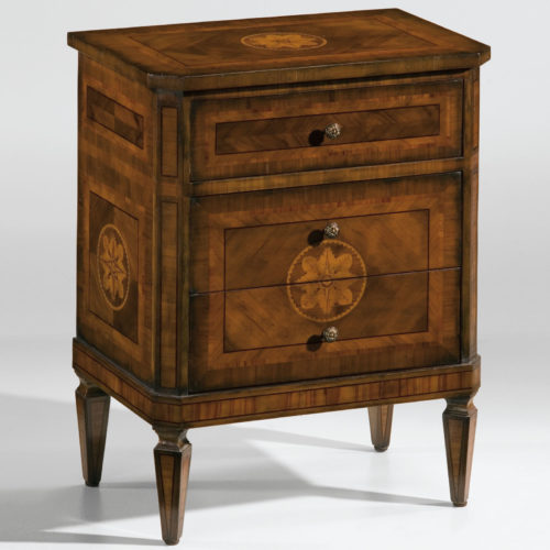 Hand-crafted Maggiolini style inlaid chest. This chest features black walnut veneer inlaid with walnut, olive, boxwood and rosewood. Maggiolini chest has three drawers and antique brass hardware. This inlaid chest is hand-made in Italy