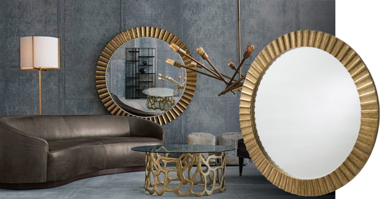 This extra large wooden mirror is hand-carved to create the fluted starburst pattern that surrounds the beveled glass, which is then clad in brass sheet. This mirror is the perfect dramatic focal point in any large space. Finish may vary. Features a security cleat attachment