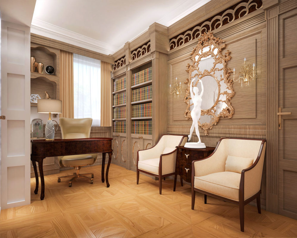 luxurious study decor featuring elaborate mirror, elegant desk and armchairs; home office design ideas; decorating inspiration
