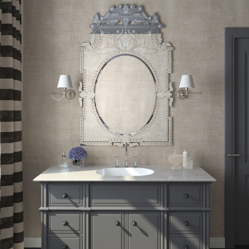 Contemporary bathroom decor featuring beautiful Venetian glass mirror flanked by two silver sconces; bathroom decor ideas; powder room design inspiration