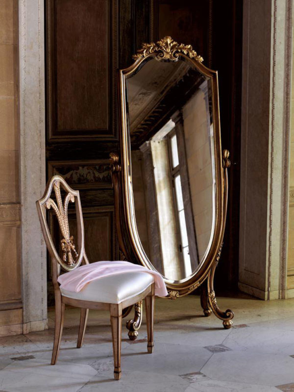 Italian style cheval mirror hand painted in antiqued medium brown finish and gold leafed accents