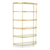 Iron etagere with antique gold leaf finish and clear glass shelves.