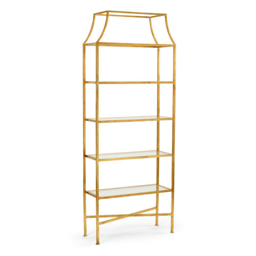 Iron etagere with antique gold leaf finish and clear glass shelves.