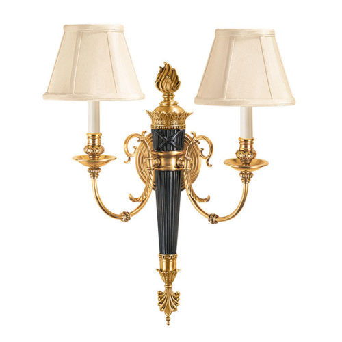 This exquisite solid brass wall sconce hand crafted with grate appreciation to the details. Dramatic effect added to the look of this outstanding quality wall sconce by combining a contrasting materials - solid brass and bronze. This gorgeous wall sconce has a classical reed and ribbon design, flame finial that is resting on richly ornamented scrolled leaves top. Wall sconce has gracefully scrolled arms with leaf motif and beaded embellishments.