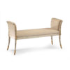 Regency style carved beech wood bench with distressed white finish, antique gold leaf trim and beige upholstery. This bench is hand-crafted in Italy