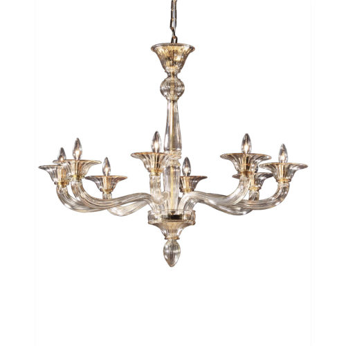 Eight-light clear and gold Venetian glass chandelier. This chandelier has chrome trim; made in Venice, Italy; UL approved