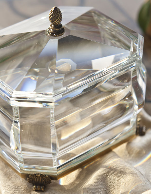 Octagonal solid crystal box with antique solid brass accents; available at InvitingHome.com