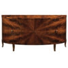 Hand-crafted inlaid demilune credenza with mahogany veneer, four curved doors. This credenza has mahogany legs, three compartments each with one shelf inside and antiqued brass hardware. This inlaid credenza is hand-made in Italy