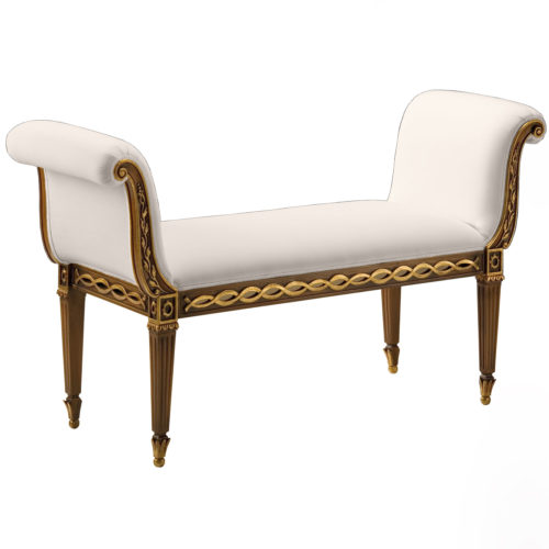 Neoclassic style carved wood bench with hand-painted medium brown finish, antiqued gold leaf trim and white muslin upholstery. This bench is hand-crafted in Italy
