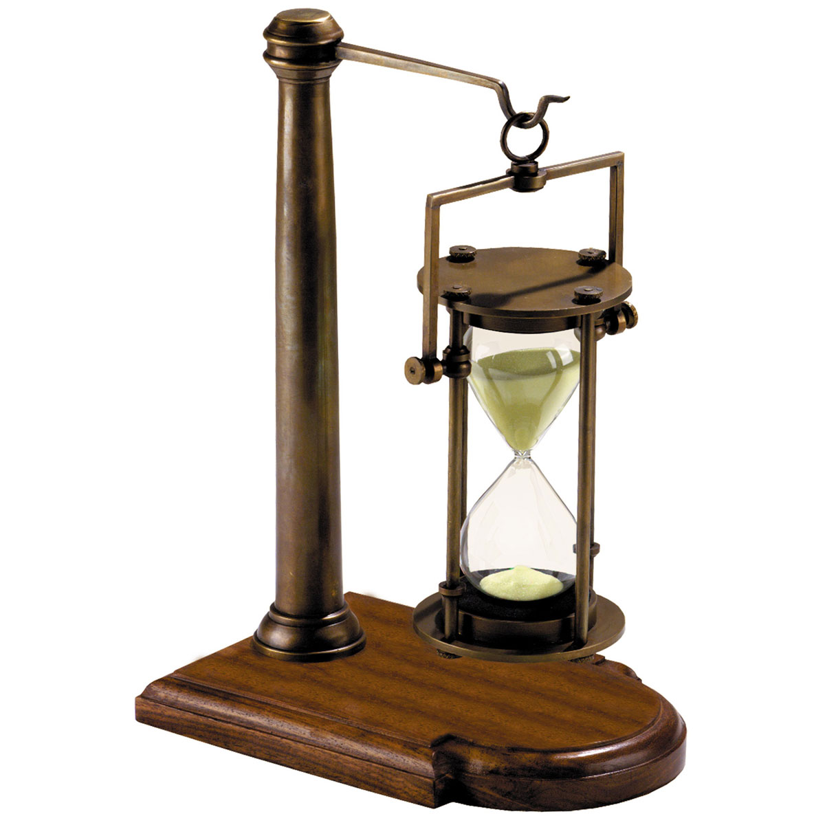 Heavyweight bronze 30 minute hourglass on wood stand. 