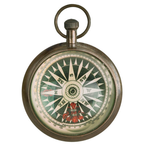 Porthole clock in antique brass finish. Desk clock has aged dial in front, antique compass rose card on the back (that is easy to exchange for a picture of your choice!), and convex glass magnifiers on both sides. Desk clock can be used alone or displayed on the stand