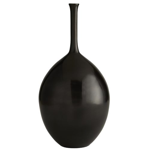sleek and modern vase would work wonderfully layered on an entryway table or flanking a console. The aluminum form has an overtly round silhouette and an English bronze finish that gives it a moody, romantic brilliance