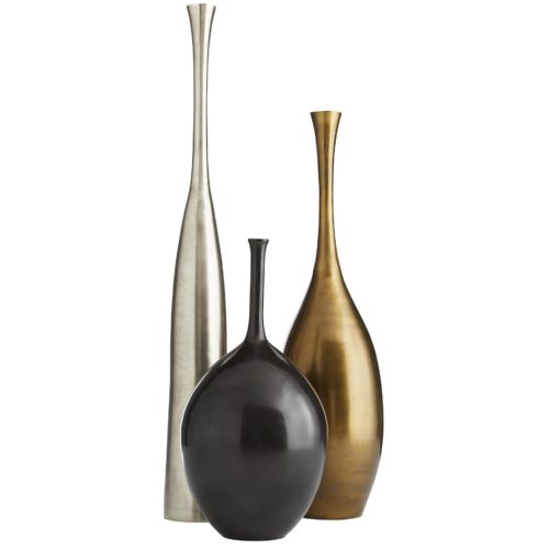 sleek and modern vessel would work wonderfully layered on an entryway table or flanking a console. The aluminum form has an overtly round silhouette and an English bronze finish that gives it a moody, romantic brilliance