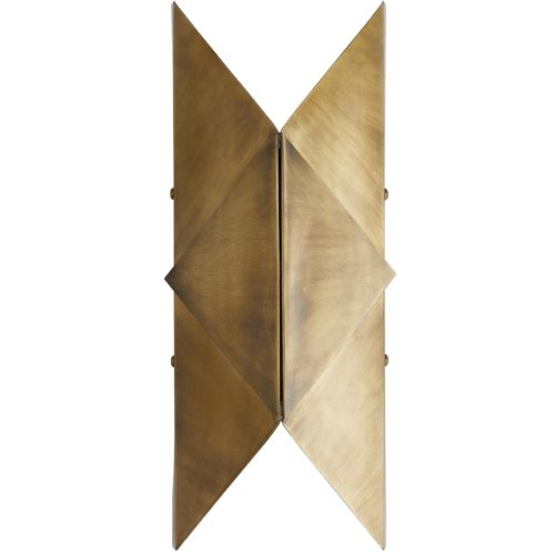 sharp angles of the iron form work to filter light through the top and bottom, allowing the light to play on the symmetry of its geometric design. Its antique brass finish helps to warm up a wall space.