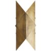 sharp angles of the iron form work to filter light through the top and bottom, allowing the light to play on the symmetry of its geometric design. Its antique brass finish helps to warm up a wall space.