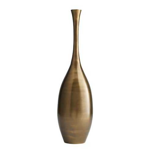 sleek and slender vase would work wonderfully layered on an entryway table or flanking a console.The aluminum form has subtle curves and an antique brass finish thatgives it a moody, romantic brilliance.