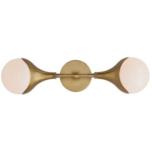 cool modern double light sconce with opal glass and antique brass finish