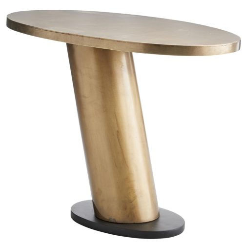 contemporary table is a stunner. An oblong top perches atop an angled pillar, connected and mounted internally to give it a sleek and seamless look.