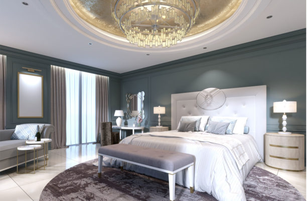 Luxury bedroom design with elegant lighting fixtures; bedroom design inspiration; bedroom lighting ideas
