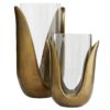 the petals of cast aluminum tulips, this set showcases historically one of the most regal and most beloved flowers in the botanical sphere. They are truly a display of natural beauty; organic lines and details arecarried through the base, which is finished in antique brass and holds two clear glass vases