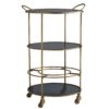 . A minimalistic, antique brass-finished iron frame features three-tiered, black glass shelves to stylishly stow mixers and hors d'oeuvres.The top tray is removable and the circular bottom rack is designed to hold bottles