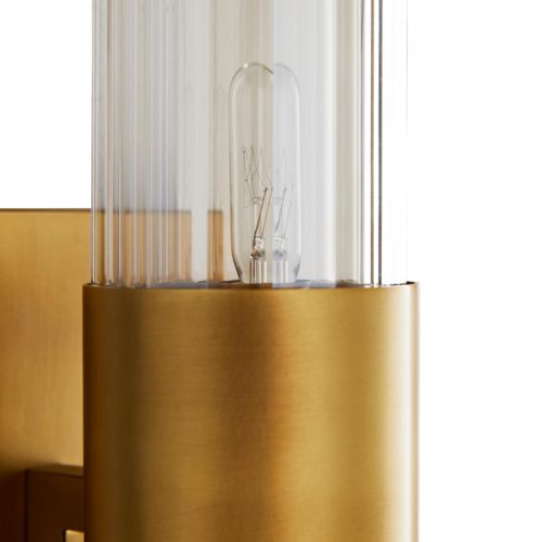 Faceted champagne crystal glass tapers through a thick antique brass belt,creating a luxe structure that is as much of a visual aesthetic as it is a functioning form. Pair with another to double the amount of lustrous illumination.
