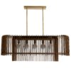 wooden slats in a dark walnut finish are tiered over five glass globes, beckoning the eye with the brilliance it possesses. Hand-cut pieces of wood are slatted into grooves along the frame, each angled to create streaming rays of light