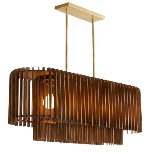 wooden slats in a dark walnut finish are tiered over five glass globes, beckoning the eye with the brilliance it possesses. Hand-cut pieces of wood are slatted into grooves along the frame, each angled to create streaming rays of light