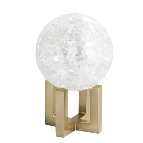 crystal orbs; these pieces feature their own qualities inclear, seeded and crackled textures. They are polished to a pristine orb and rest atop individual pedestals finished in antique brass.