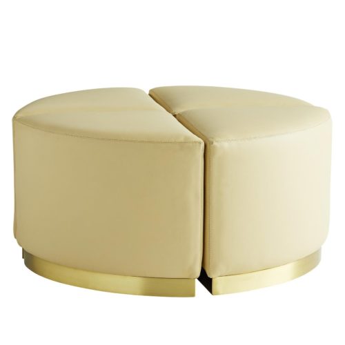 neutral set of leather ottomans is a host’s dream. Immaculately stitched cream leather wraps the entire cushioned seat, with a platform base that’s plated with an antique brass finish.