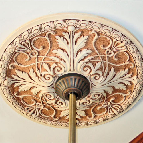 Acanthus leaf and scroll ceiling medallion has exquisite acanthus leaf and scroll motif. This decorative medallion for ceiling is classic reproduction of historical design. Davie medallion molded in deep relief design to achieve the highest degree of quality and details.