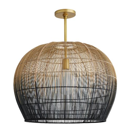 Made with hundreds of thin buri sticks, derived from a palm in the Asian tropics, the pendant is formed using traditional techniques practiced tomake fishing baskets. Don’t let the ancient construction techniques fool you, the bell shape, antique brass pipe kit and ombre finish add contemporary flair.