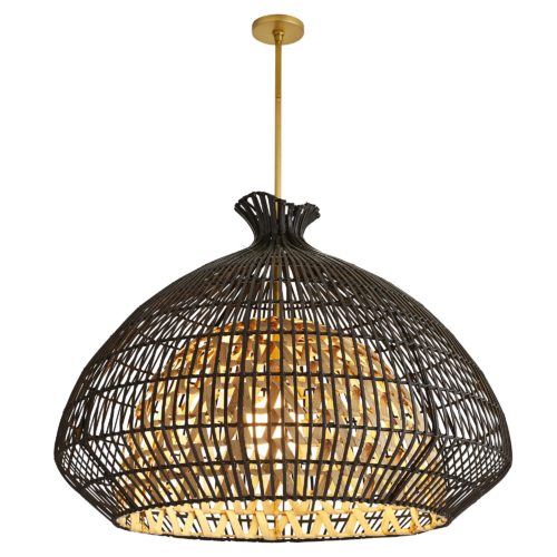Svelte. Sleek. Sophisticated. This large-scale pendant brings romantic and moody light to a space while showcasing its own curvy and sultry style. It's built with two layers; the interior form is made of naturally finished woven rattan slatson a metal frame and the outer shade is woven with rattan core strips that are finished in black.