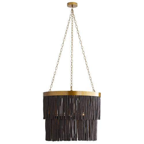 this large-scale luminescent transforms a space with a naturally refined elegance. Hand-carved wooden batons finished in black dangle from the two-barrel antique brass iron frame, creatinga tiered effect that yields a subtle, yet stunning, shadowplay along the walls and floors.