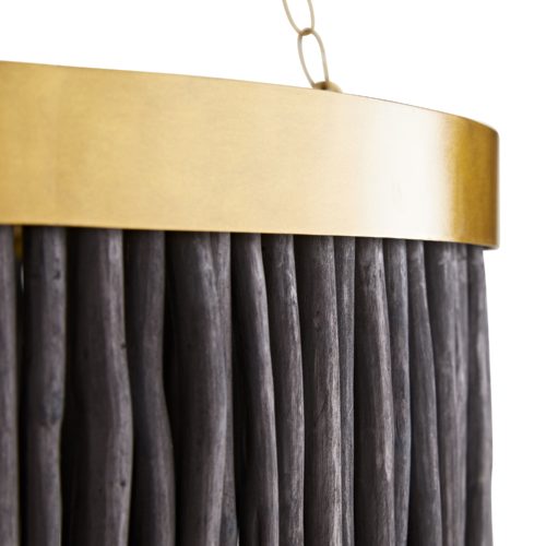 this large-scale luminescent transforms a space with a naturally refined elegance. Hand-carved wooden batons finished in black dangle from the two-barrel antique brass iron frame, creatinga tiered effect that yields a subtle, yet stunning, shadowplay along the walls and floors.