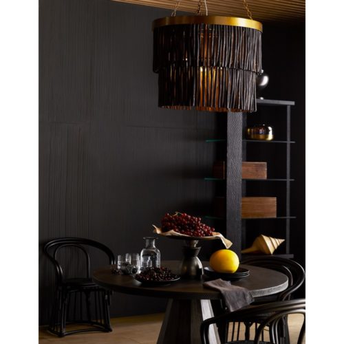 Modern dining room. Elegant dining room with dark finishes. Natural wood chandelier with oak table and black walls, very modern and upscale.