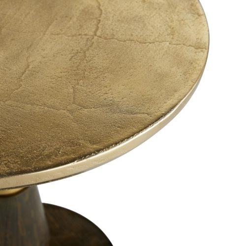 Split between two tones, this side table is a modern wonder. The lighter top is an antique gold, where the bottom section is done in a burnished gold, adding the immense level of sophistication and craftsmanship.The table top is crafted with a sandblasted texture and the top of the base is molded to a heavy woodgrain pattern, so texture and intrigue are immense throughout the piece.