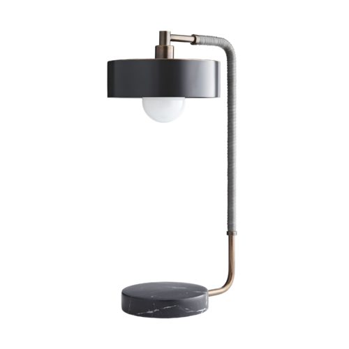 This contemporary lamp possesses a modern sensibility defined by a sleek style and masterly materials. A heritage brass steel frame wrapped in gray leather seamlessly blends into a circular black marble base—abeautiful balance between natural and refined elements.