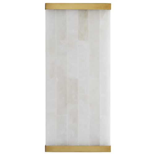 Snow marble tiles are fashioned together and framed in antique brass steel to create such a polished piece.The natural veining and textures of the marble is brilliantly put on display when lit, adding an intriguing visual appeal and an intimate illuminating glow.