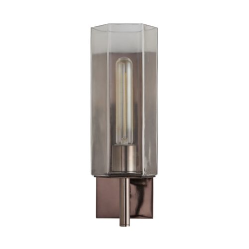 A stunning architectural design, this sconce is modern in every way. A hexagonal clear glass shade delivers an edge to its linear design that is softened by the brown nickel finish of its steel frame.