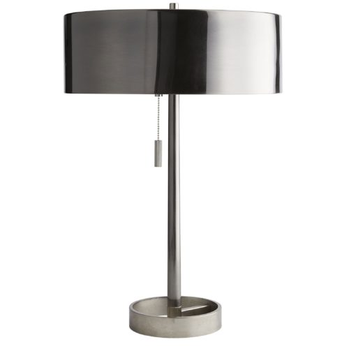 Its deceptively simple design features several noteworthy details, from the clever open base to theblack nickel metal drum shade, to the double socket with one pull chain. A modern classic, the minimalist form and natural materials of this striking illuminant deliver a contemporary and slight industrial appeal.