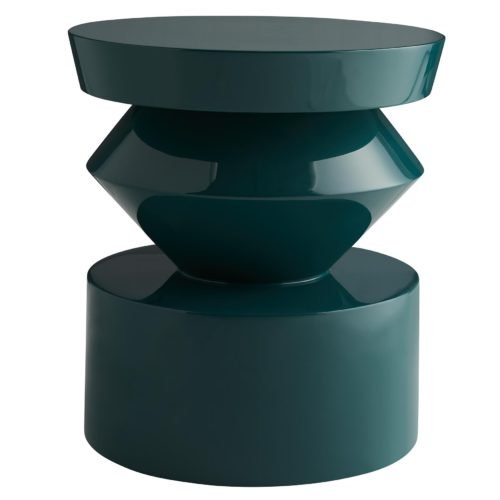 The smooth rounded top is complemented by a middle piece that looks as if it is swirling into the bottom, drawing attention to the uniqueplay on geometrics. A rich peacock lacquer finish delivers a sleek shine that will brighten up a room while adding a refreshing pop of color