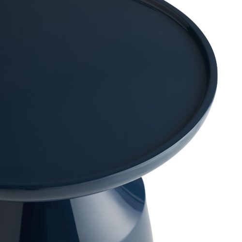 A round top framed by a thick rim rests atop an exaggerated bell-shaped base, drawing attention to the sculptural aspect of the unique construction of the navy lacquertable. Artistic in form and functional by design, this piece would look just as brilliant next to a sofa as it would on its own