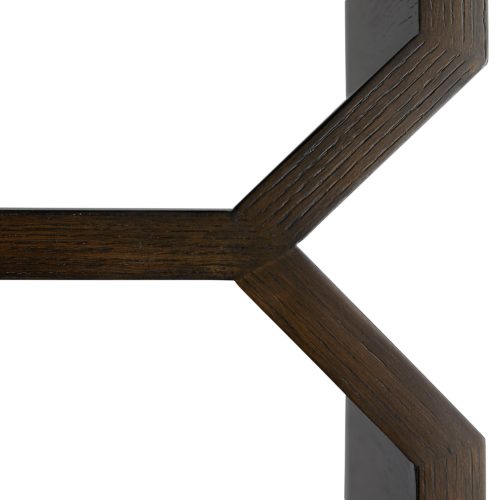 This is truly a piece that demonstrates function and stately form all in one. Each panel meets in a tongue and groove joint, with additional butterfly joints to establish an immense amount of strength.When fully built, it's finished in a rich, umber oak veneer for a modern, polished look. This piece would have quite a presence in a set or multiples, forming an array of alternating geometric shapes.