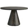 The collaboration of geometry, stone and gray finished wood creates an ultra-modern look. The tabletop is made of lava stone, an alternative to concrete that is lighter in weight. Featuring a lightly embossed texture and deep, geometric etchings around the rim, the top is finished in dark ash.